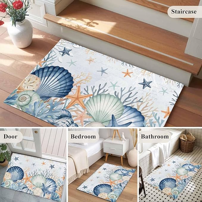 Area Rug 2x3ft, Underwater Shells Starfish on Blue Washable Rugs for Living Room Bedroom, Colorful Coral Soft Non-Slip Area Rugs Rectangle Floor Carpet for Dining Room