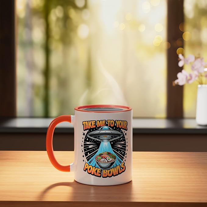 Take Me to Your Poke Bowls Hawaiian Food Funny Poke Bowl Ceramic Mug, Orange/White