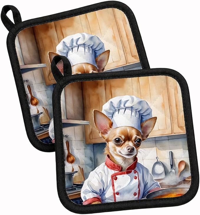 Caroline's Treasures Chihuahua The Chef Pair of Pot Holders Kitchen Heat Resistant Pot Holders Sets Oven Hot Pads for Cooking Baking BBQ, 7 1/2 x 7 1/2