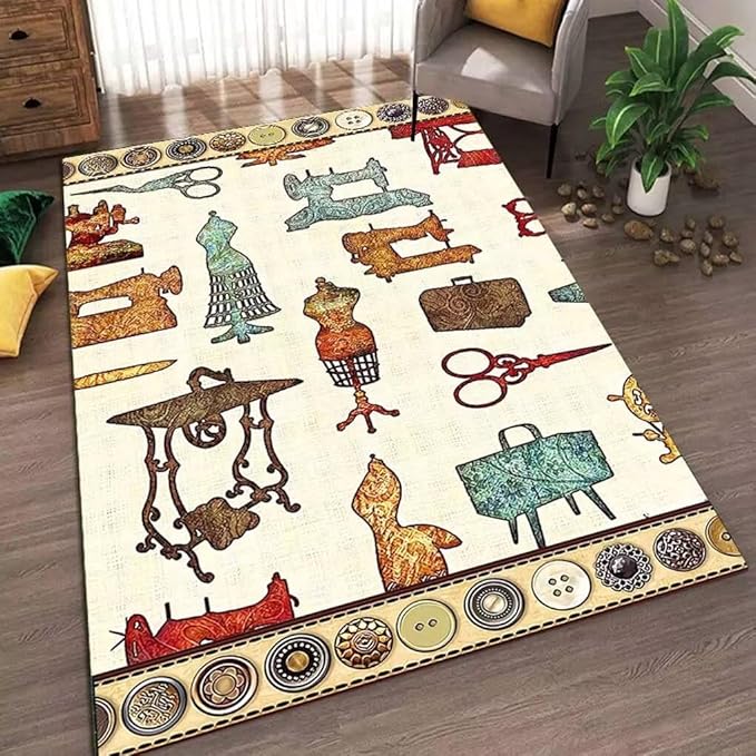 Colorful Sewing Room 6ftx9ft Themed Area Rug for Bedroom Living Room Abstract Sewing Buttons Craft Room Rug Non-Slip Retro Sewing Scissors Entryway Carpet