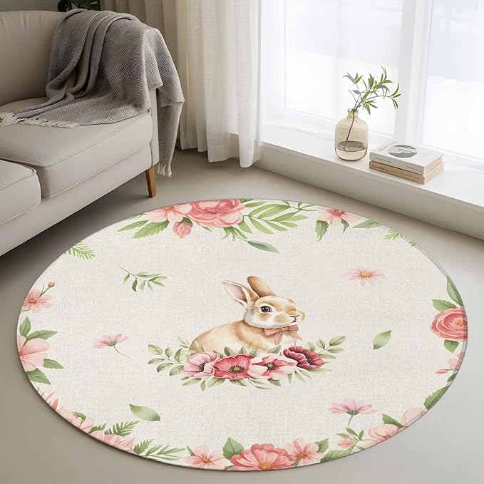 Washable Round Area Rug Retro Easter Rabbit on Linen Circle Rugs Floor Carpet for Living Room Bedroom, Spring Pastoral Pink Flower Leaf Soft Non Slip Round Rug 4ft