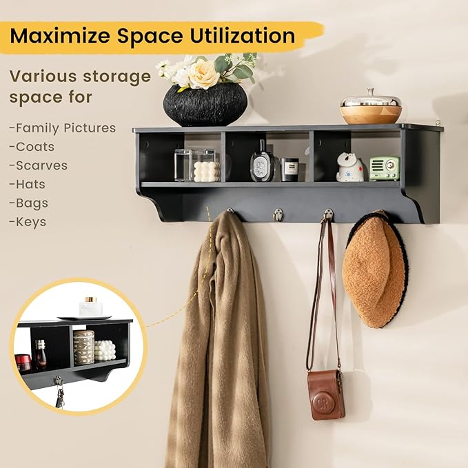 Casart Hanging Shelf Wall Mounted Storage Cabinets W/Hooks for Bedroom, Living Room and Entryway (Black)