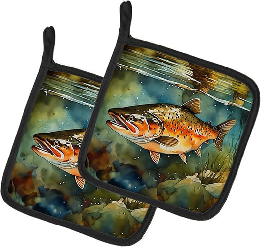 Caroline's Treasures Brown Trout Pair of Pot Holders Kitchen Heat Resistant Pot Holders Sets Oven Hot Pads for Cooking Baking BBQ, 7 1/2 x 7 1/2