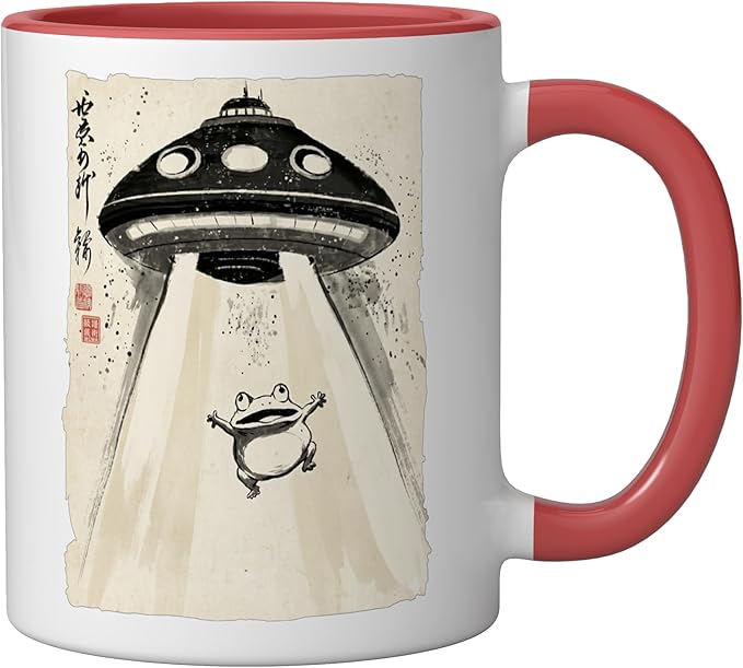 Ukiyo-e Style UFO Abducting Cute Frog Ink Art Painting Ceramic Mug, Red/White