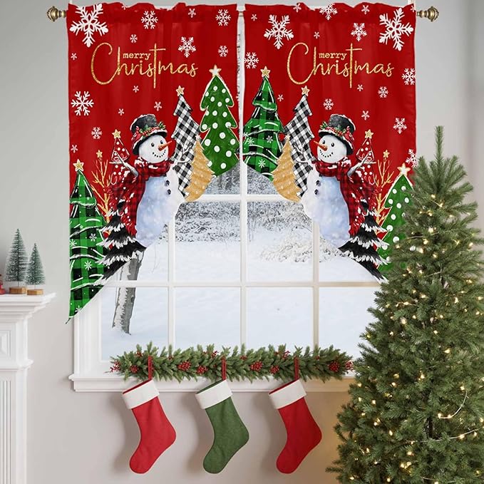 Merry Christmas Swag Valance Curains Snowflake Green Xmas Tree Snowman Red Rod Pocket Kitchen Curtains Scalloped Window Treatment Valances Swag for Living Room Bedroom, 1 Pair, 36"W x 45"L