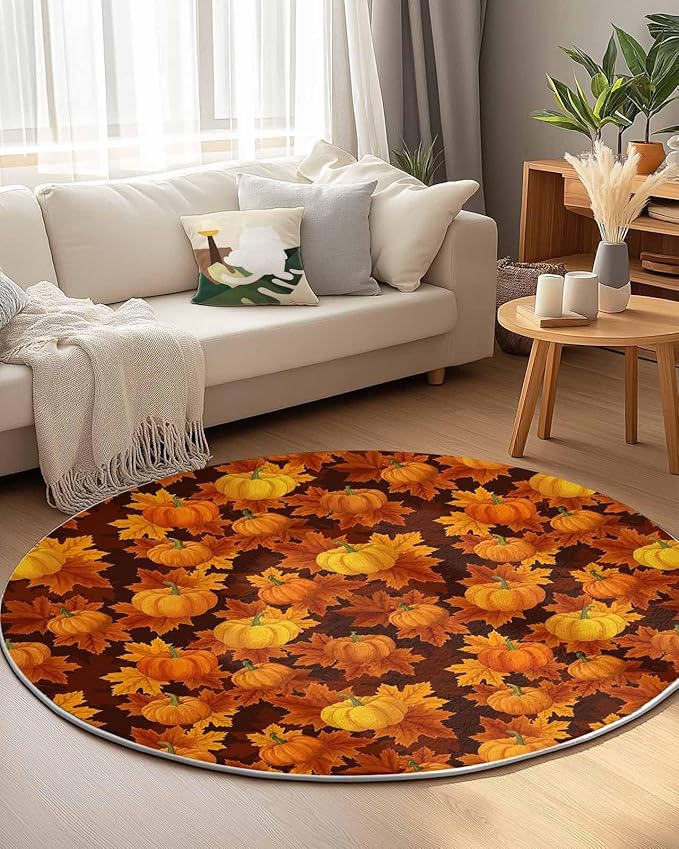 Round Area Rug,Autumn Thanksgiving Pumpkin Watercolor Circle Living Room Rug Non-Slip Rugs Indoor Carpet,Orange Maple Leaves Seamless Soft Comfort Rugs for Bedroom KidsRoom Nursery