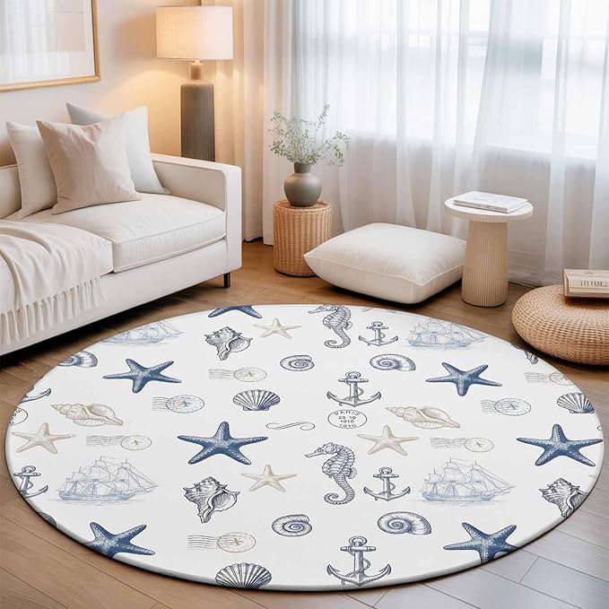 Washable Round Area Rug Ocean Starfish Seahorse Shell Conch Circle Rugs Floor Carpet for Living Room Bedroom, Nautical Compass Anchor Soft Non Slip Round Rug 5ft