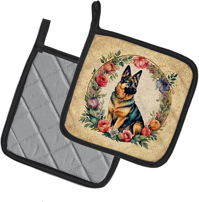 Caroline's Treasures German Shepherd and Flowers Pair of Pot Holders Kitchen Heat Resistant Pot Holders Sets Oven Hot Pads for Cooking Baking BBQ, 7 1/2 x 7 1/2