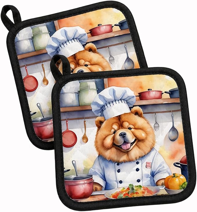 Caroline's Treasures Chow Chow The Chef Pair of Pot Holders Kitchen Heat Resistant Pot Holders Sets Oven Hot Pads for Cooking Baking BBQ, 7 1/2 x 7 1/2