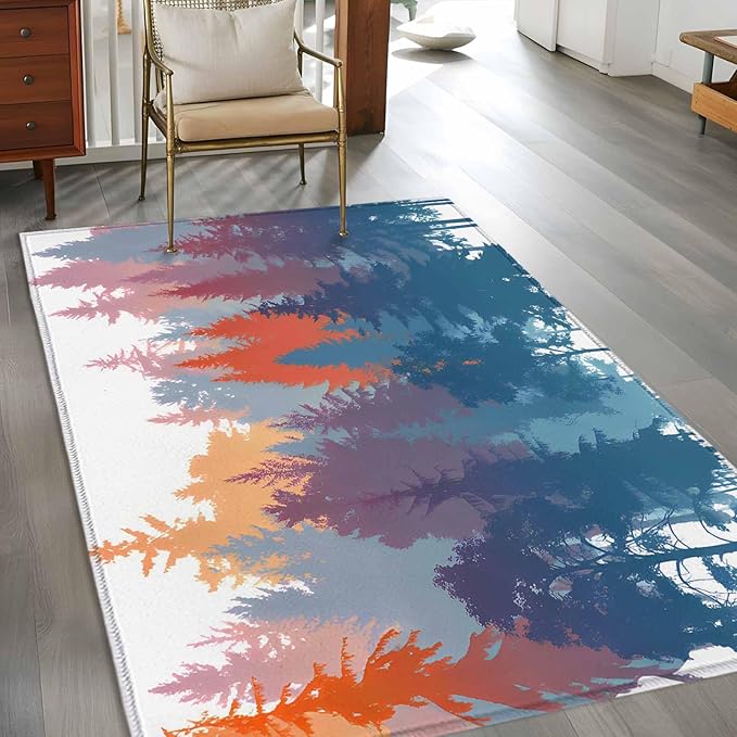 Area Rug 3x5ft, Abstract Trees Forest Silhouette Washable Rugs for Living Room Bedroom, Natural Scene Plants Soft Non-Slip Area Rugs Rectangle Floor Carpet for Dining Room