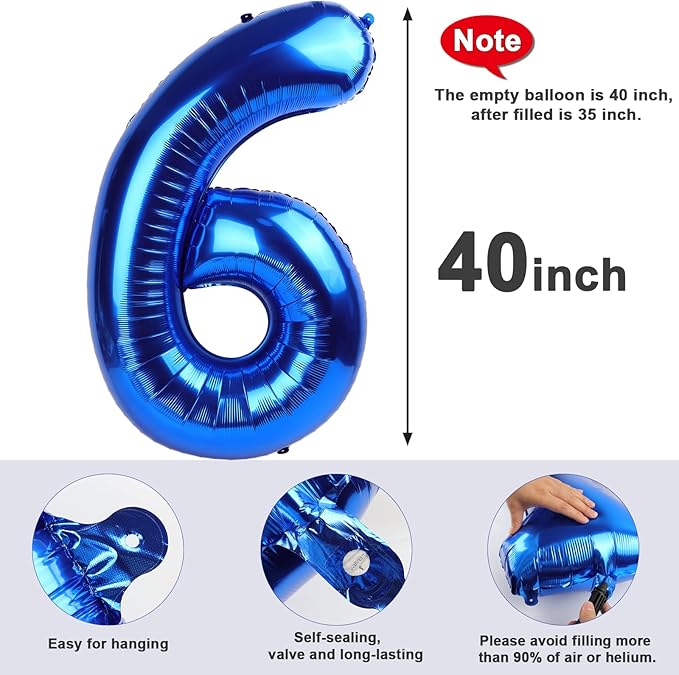 6 Balloon Number 40 Inch, 6 7 Birthday Decorations, 6 Year Old Birthday Balloon for Boy Girl, Navy Blue 16 26 60 65 Numbers Balloons Birthday Party