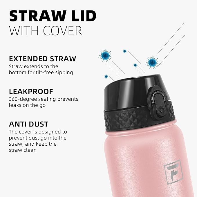 Fanhaw 40 oz Insulated Stainless Steel Water Bottle with Straw Lid, Leakproof Extra-Large Sports Bottle for Men & Women (Pink)
