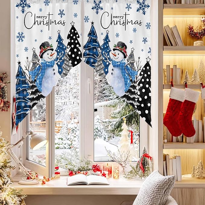 Prime Leader Merry Christmas Swag Valance Curains Snowflake Blue Xmas Tree Snowman Rod Pocket Kitchen Curtains Scalloped Window Treatment Valances Swag for Living Room Bedroom, 1 Pair, 36" W x 45" L