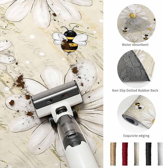 Area Rug 2x3ft, Retro Watercolor White Floral Bee Washable Rugs for Living Room Bedroom, Summer Daisy Letter Texture Soft Non-Slip Area Rugs Rectangle Floor Carpet for Dining Room