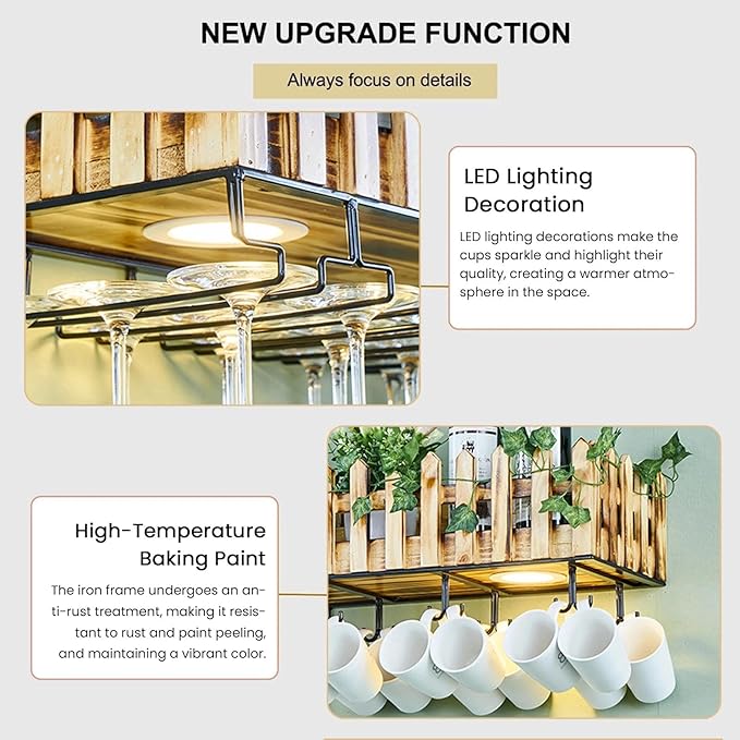 Ceiling Wine Rack Wall Mounted With Wine Glass Rack, 2-Tier Liquor Bar Bottles Display Shelf With LED Light Cups Hanging Holder For Dining Room Kitchen Living Room(Wall Mounted,23.6x9.8x8.27in)