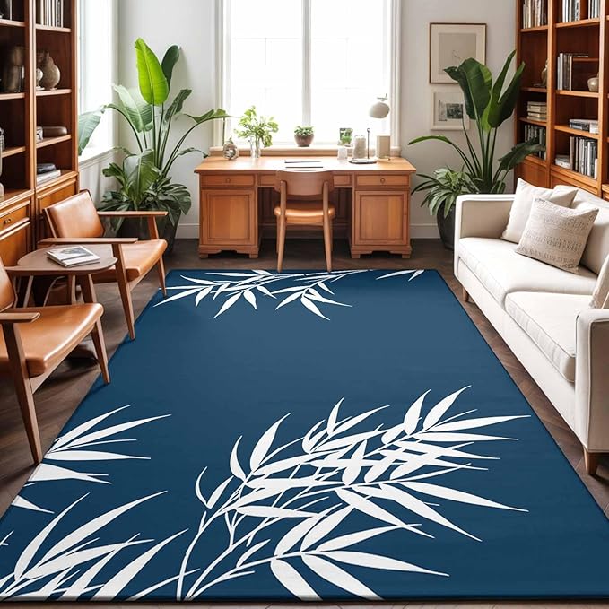 Area Rug 3x5ft, Country Leaf on Dark Blue Washable Rugs for Living Room Bedroom, Botanical Silhouette Minimalist Style Soft Non-Slip Area Rugs Rectangle Floor Carpet for Dining Room