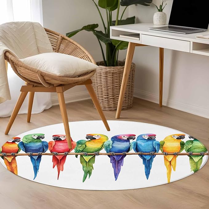 Washable Round Area Rug Funny Watercolor Parrot Circle Rugs Floor Carpet for Living Room Bedroom, Red Green Blue Gradient Bird Soft Non Slip Round Rug 4ft