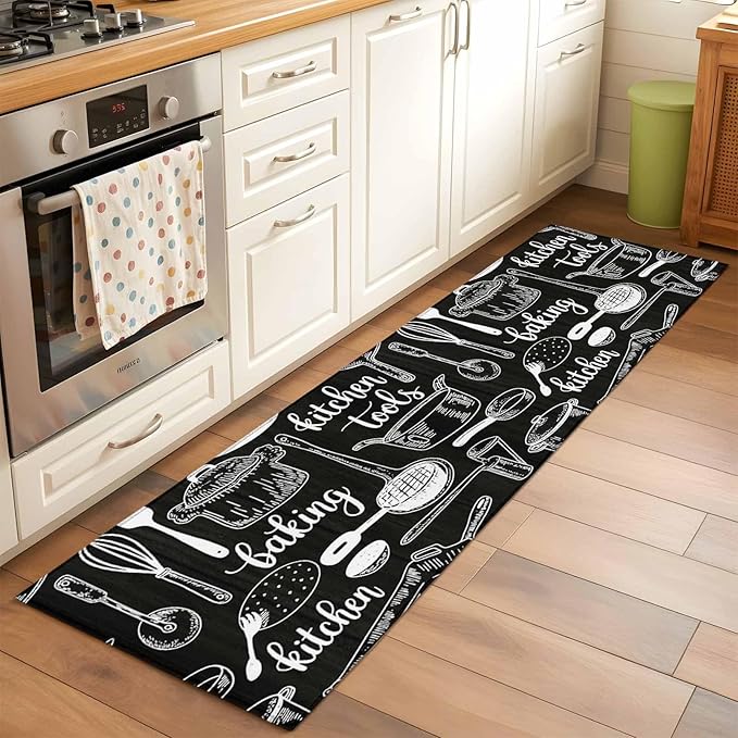 Black Kitchen Tools 2x6 Kitchen Runner Rug, Modern Cooking Utensil Non-Skid Rubber Backing Large Area Rugs - Living Room Bedroom Home Office, Farmhouse Cookware Indoor Floor Mat Carpets Washable Rug
