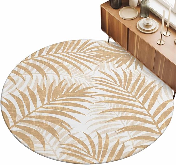 Washable Round Area Rug Summer Boho Palms Leaves Circle Rugs Floor Carpet for Living Room Bedroom, Vintage Tropical Plants Soft Non Slip Round Rug 5ft