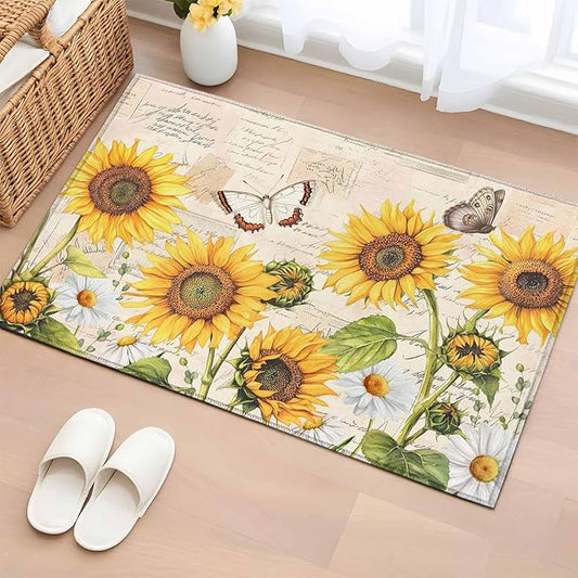 Sunflower Farmhouse 2x3 Door Mat Rug, Retro Floral Butterflies Non-Skid Rubber Backing Large Rectangle Rugs - Living Room Bedroom Home Office, Spring Summer Indoor Floor Mat Carpets Washable Rug