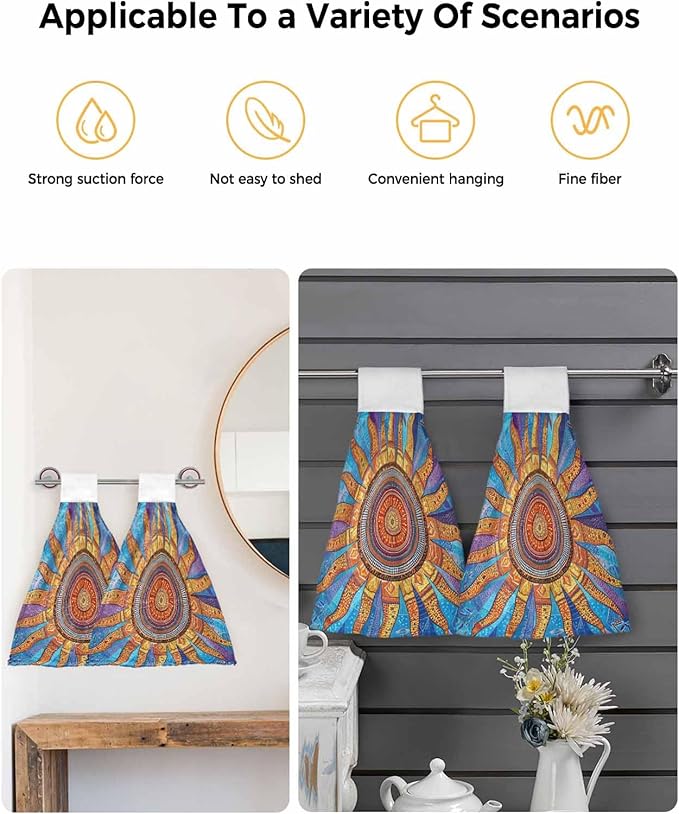 Alandar Home Kitchen Tie Towel Set of 2, Abstract Boho Sun Floral Absorbent Soft Hand Towels for Bathroom Hanging Towels, Retro Bohemian Pattern Fast Drying Cleaning Cloth with Loop