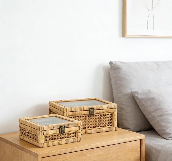 HUAXIN CRAFT H Rattan Square Box with Lid - Set of 2 Wicker Decorative Bins with Glass Cover for Display