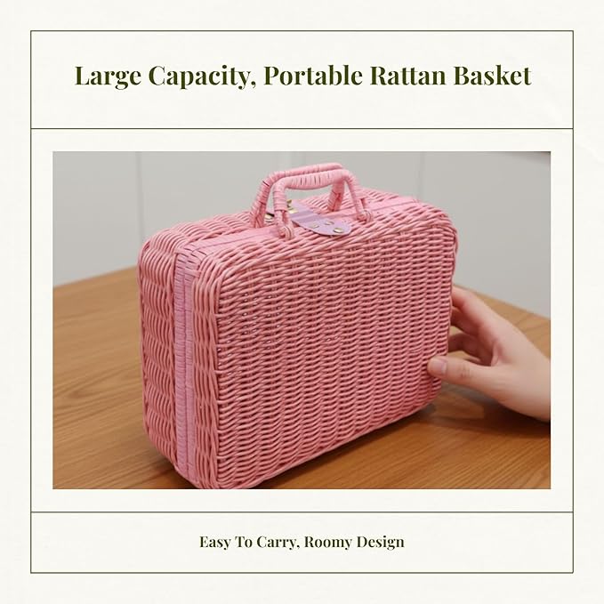 Woven Suitcase Imitation Rattan Storage Basket Gift Box Rustic Picnic Suitcase Handwoven Storage Case for Travelling Bathroom, Pink L