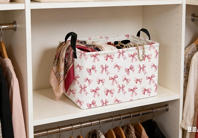 Essme Rectangular Pink Baskets,Girls Storage Box,Cute Basket for Kids with Handles for Room Decor, Book Bins,Shelf Basket.(Pink Bowknot)