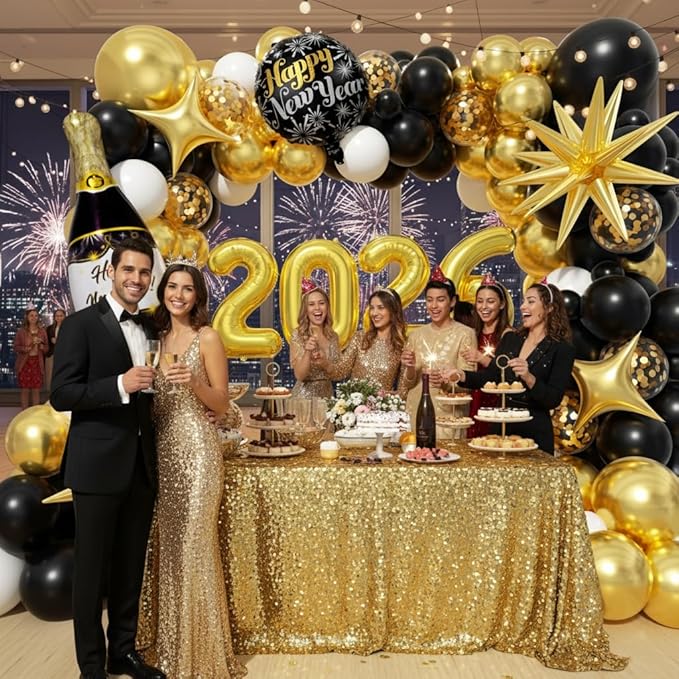 Black and Gold White Balloons Garland Arch Kit - Different Size Balloons Gold Fringe Curtain Backdrop for Graduation Birthday Anniversary New Years Theme Party Decorations
