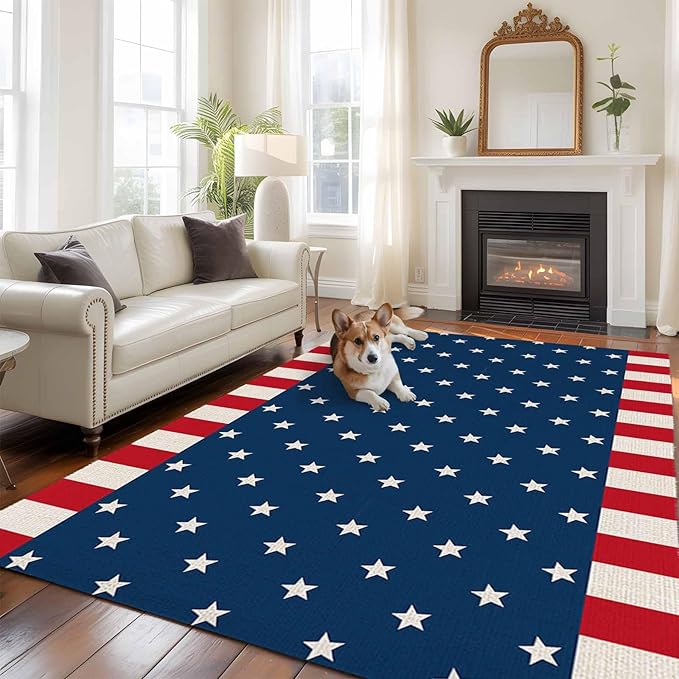 Area Rug 6x9ft, American Independence Day Washable Rugs for Living Room Bedroom, USA Stars on Blue Red White Border Soft Non-Slip Area Rugs Rectangle Floor Carpet for Dining Room