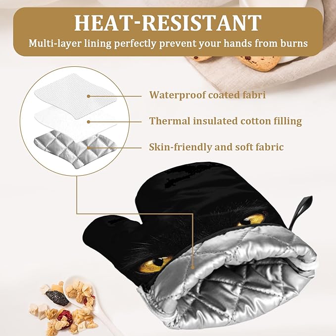 Black Cat Eyes Oven Mitts and Pot Holders Sets 4Pcs Animal Face Silicone Kitchen Gloves Heat Resistant Potholders for Baking Cooking Grilling BBQ