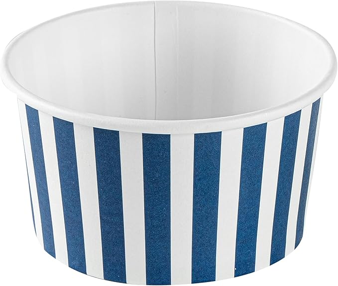 Restaurantware Coppetta 8 Ounce Dessert Cups, 50 Disposable Ice Cream Cups - Lids Sold Separately, Sturdy, Blue And White Paper FroYo Bowls, Striped, For Hot And Cold Foods, Perfect For Gelato