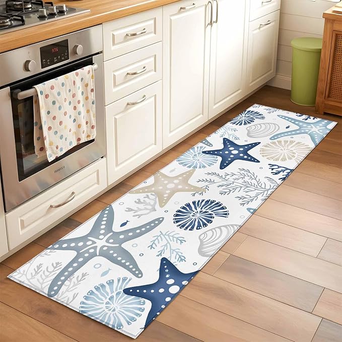 Runner Rug for Bedroom Hallway, Ocean Starfish Shell Conch Kitchen Runner Rugs Area Rug 2x6ft, Sea Blue Coral Seamless Washable Soft Floor Carpet for Entryway Stair