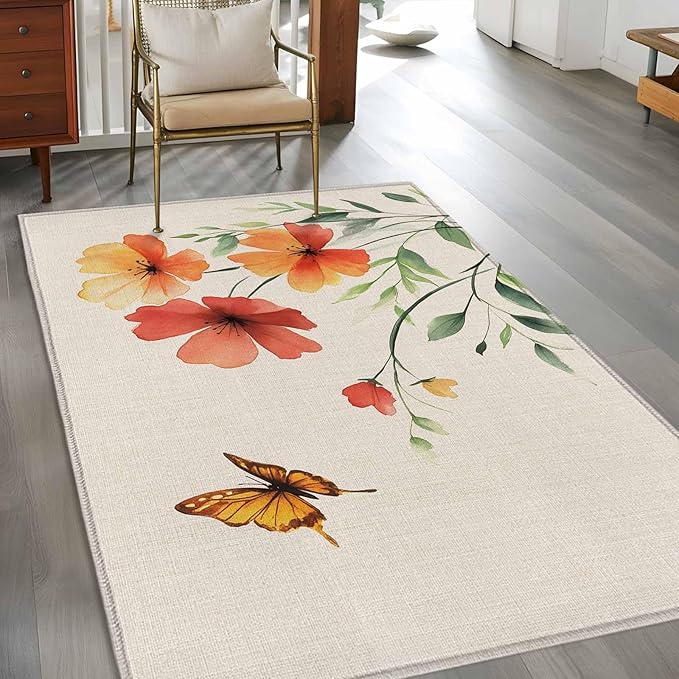 Area Rug 4x6ft, Summer Watercolor Flower Butterfly Washable Rugs for Living Room Bedroom, Green Leaves Retro Linen Soft Non-Slip Area Rugs Rectangle Floor Carpet for Dining Room