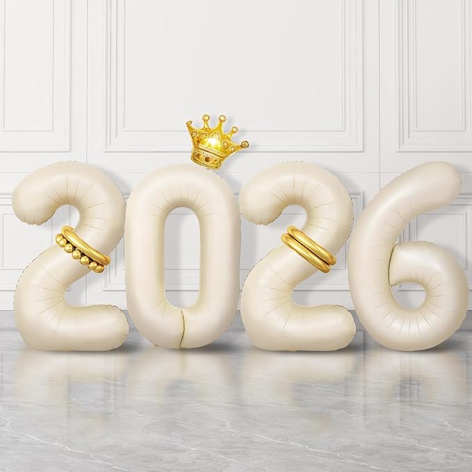 2026 Balloons Beige,40 Inch 2026 Number Balloons with Foil Crown Balloons for Happy New Year Decorations New Years Eve 2026 Graduation Decorations Class of 2026 Party Supplies