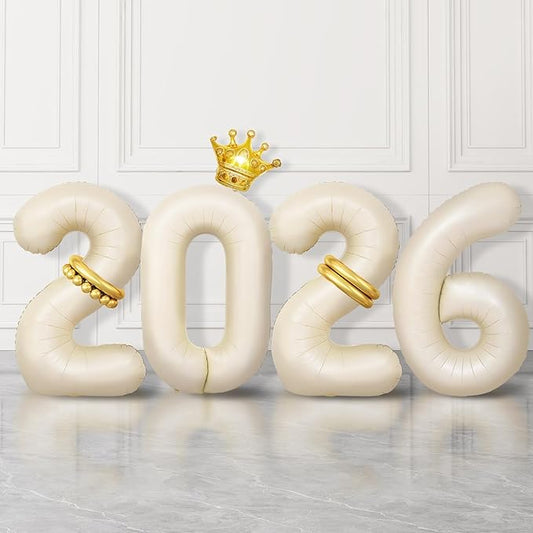 2026 Balloons Beige,40 Inch 2026 Number Balloons with Foil Crown Balloons for Happy New Year Decorations New Years Eve 2026 Graduation Decorations Class of 2026 Party Supplies