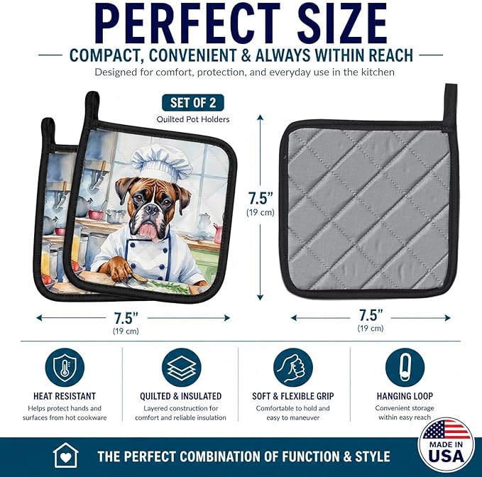 Caroline's Treasures Boxer The Chef Pair of Pot Holders Kitchen Heat Resistant Pot Holders Sets Oven Hot Pads for Cooking Baking BBQ, 7 1/2 x 7 1/2