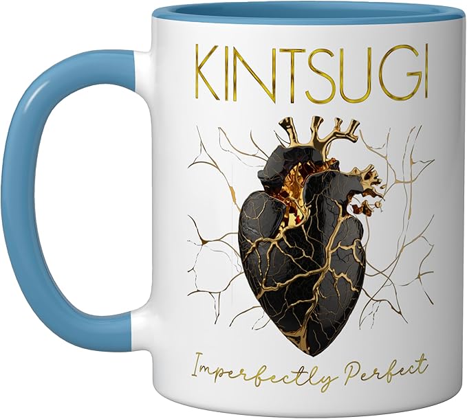 Kintsugi Pottery Golden Heart Japanese Art repair Pottery Ceramic Mug, Blue/White