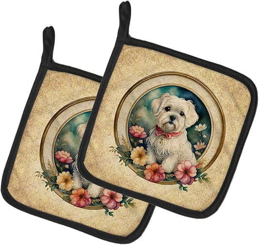 Caroline's Treasures Maltese and Flowers Pair of Pot Holders Kitchen Heat Resistant Pot Holders Sets Oven Hot Pads for Cooking Baking BBQ, 7 1/2 x 7 1/2