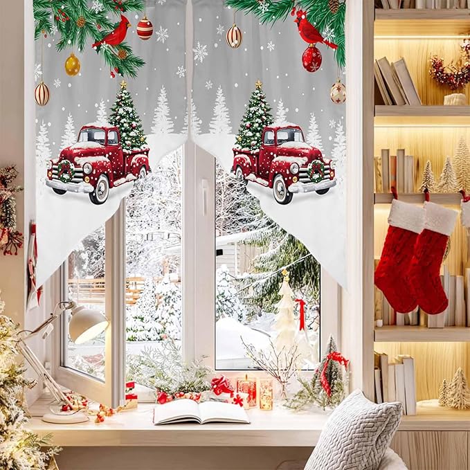 Red Christmas Truck Swag Valance Curains Winter Car with Xmas Tree Leaf Bird Grey Rod Pocket Kitchen Curtains Scalloped Window Treatment Valances Swag for Living Room Bedroom, 1 Pair, 36" W x 45" L