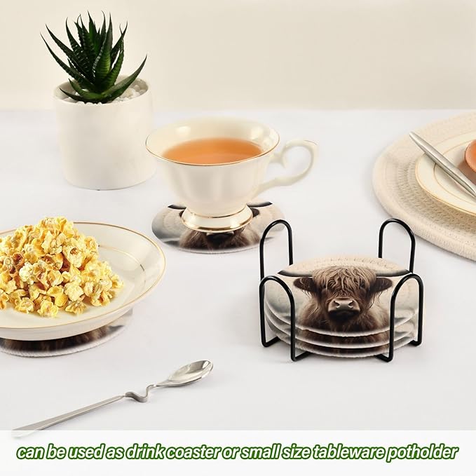 YETTASBIN Highland Cow 6 Pcs Drink Coasters with Holder, Cotton Woven Absorbent Heat-Resistant Round Coaster Non-Slip Table Mat for Kitchen Bar Home Decor Housewarming Gift, 3.9 in