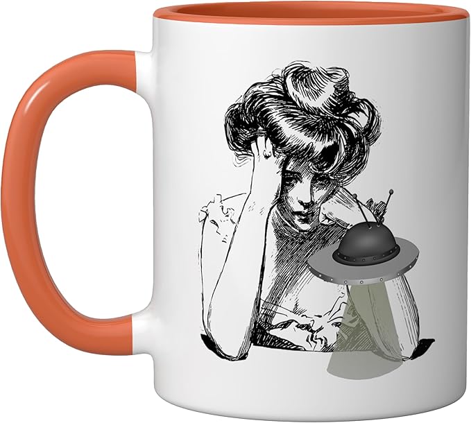 Girl with Alien Flying Saucer UFO Ceramic Mug, Orange/White