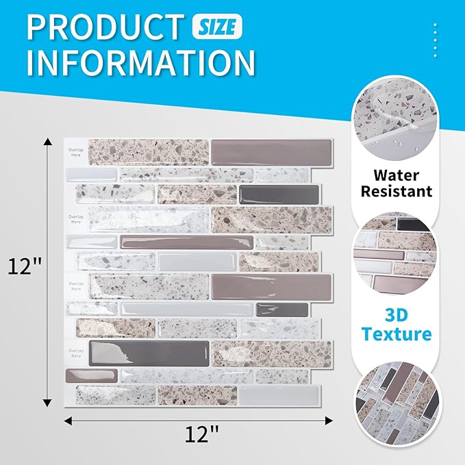 Art3d Backsplash Tile for Kitchen Peel and Stick, 10 Sheets Self-Adhesive Wall Tiles for Kitchen, Bathroom Back Splashes, 12"x12", Terrazzo