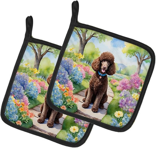 Caroline's Treasures Chocolate Poodle Spring Path Pair of Pot Holders Kitchen Heat Resistant Pot Holders Sets Oven Hot Pads for Cooking Baking BBQ, 7 1/2 x 7 1/2