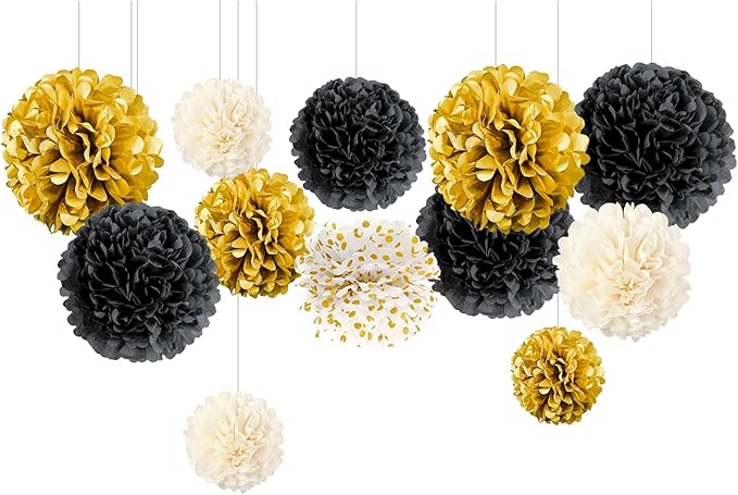 NICROLANDEE Black and Gold Party Supplies for 2026 Graduation - 12PCS Tissue Pom Poms 12" Decorative for Graduation, Wedding, Milestones Birthday for Men Women, Retirement Party, New Years Eve Party