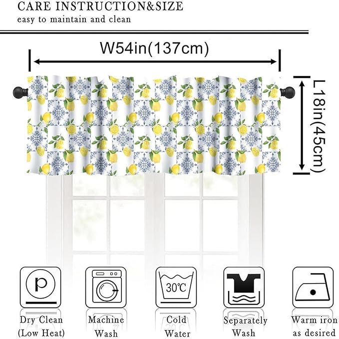 Lemon Floral Curtain Valance, Blue White Tile Farmhous Rustic Short Window Drapes for Kitchen Dining Room Bedroom Living Room Resturant Home Decoration, 54x18Inch
