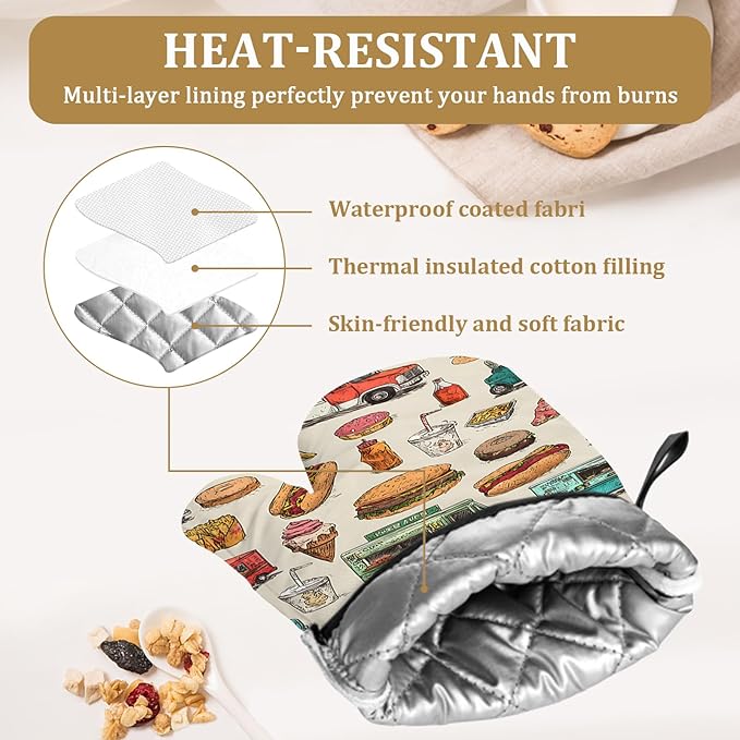 Funny Trucks Oven Mitts and Pot Holders Sets 4Pcs Fast Food Snacks Silicone Kitchen Gloves Heat Resistant Potholders for Baking Cooking Grilling BBQ