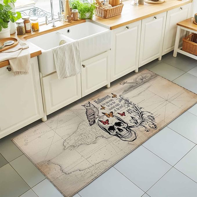 Runner Rug for Bedroom Hallway, Halloween Skull Owls on Vintage Kitchen Runner Rugs Area Rug 2x6ft, Retro Butterflies Flower Washable Soft Floor Carpet for Entryway Stair