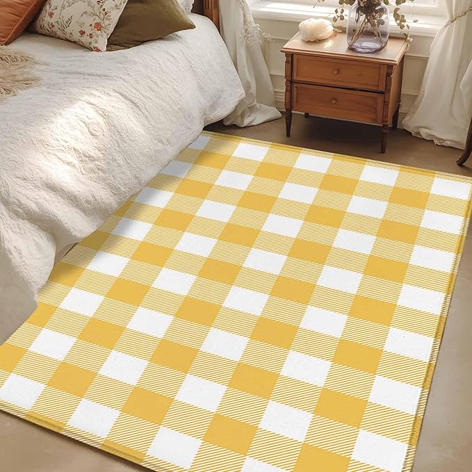 Area Rug 4x6ft, Rustic Country Yellow and White Buffalo Lattice Checked Washable Rugs for Living Room Bedroom, Farm Style Soft Non-Slip Area Rugs Rectangle Floor Carpet for Dining Room