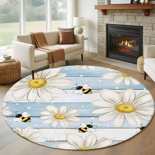 Washable Round Area Rug Watercolor White Daisy Floral Bee Circle Rugs Floor Carpet for Living Room Bedroom, Rustic Light Blue Wood Plank Soft Non Slip Round Rug 5ft